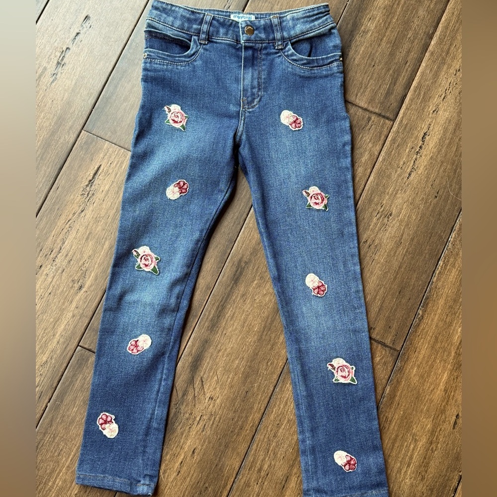 Girls Size 6 Mayoral Rose Appliqué Jeans